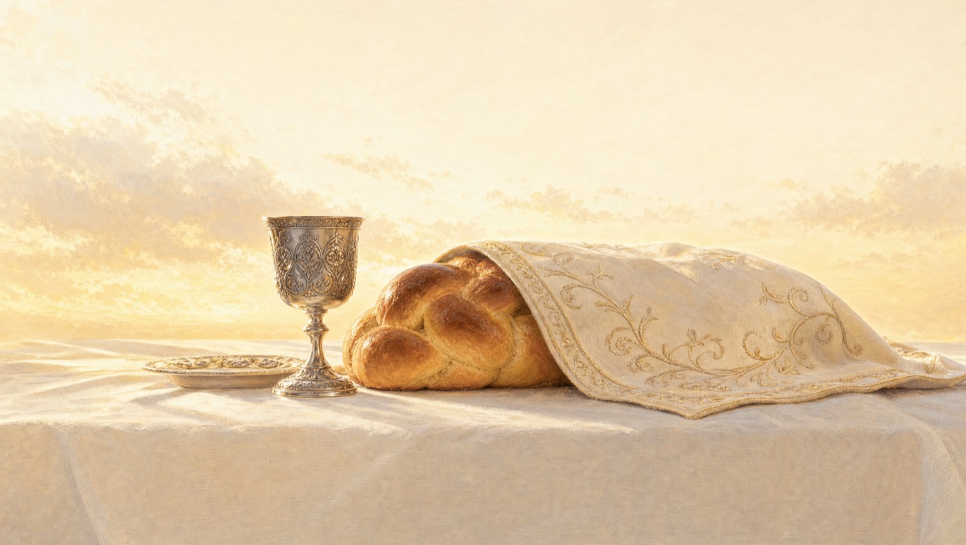 Table de Shabbat aux bougies allumées devant la ville de pierre